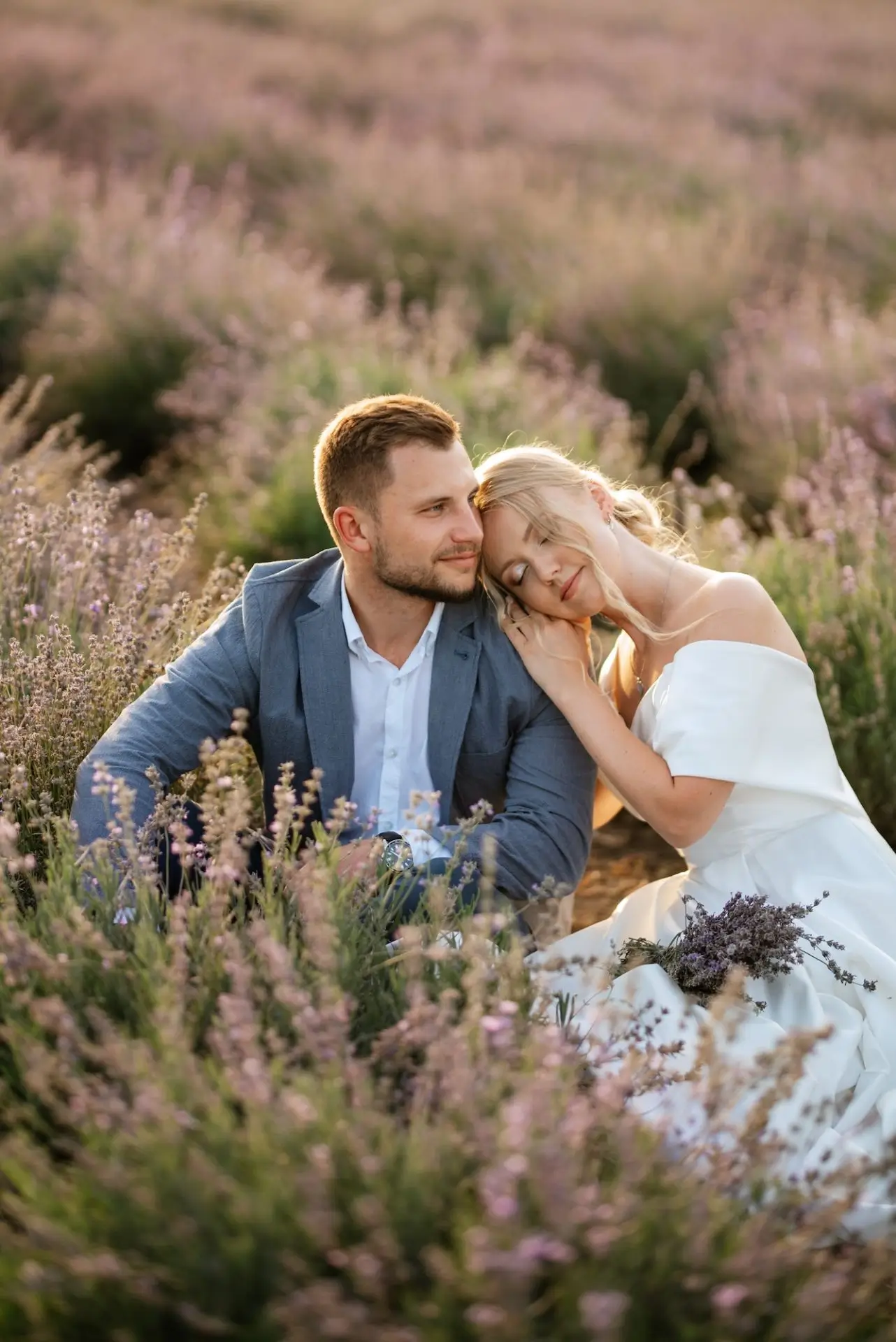 Bride And Groom On In The Lavender Field Slept