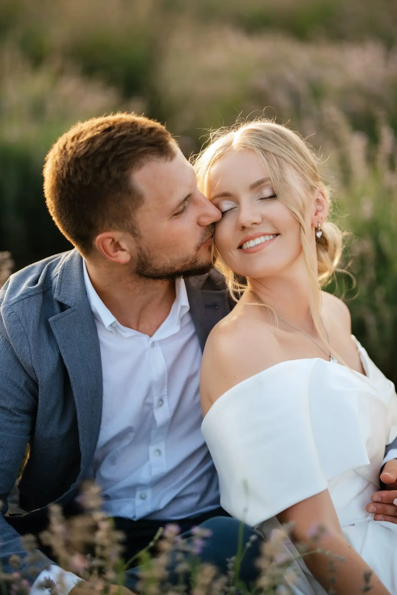 Bride And Groom On In The Lavender Field
