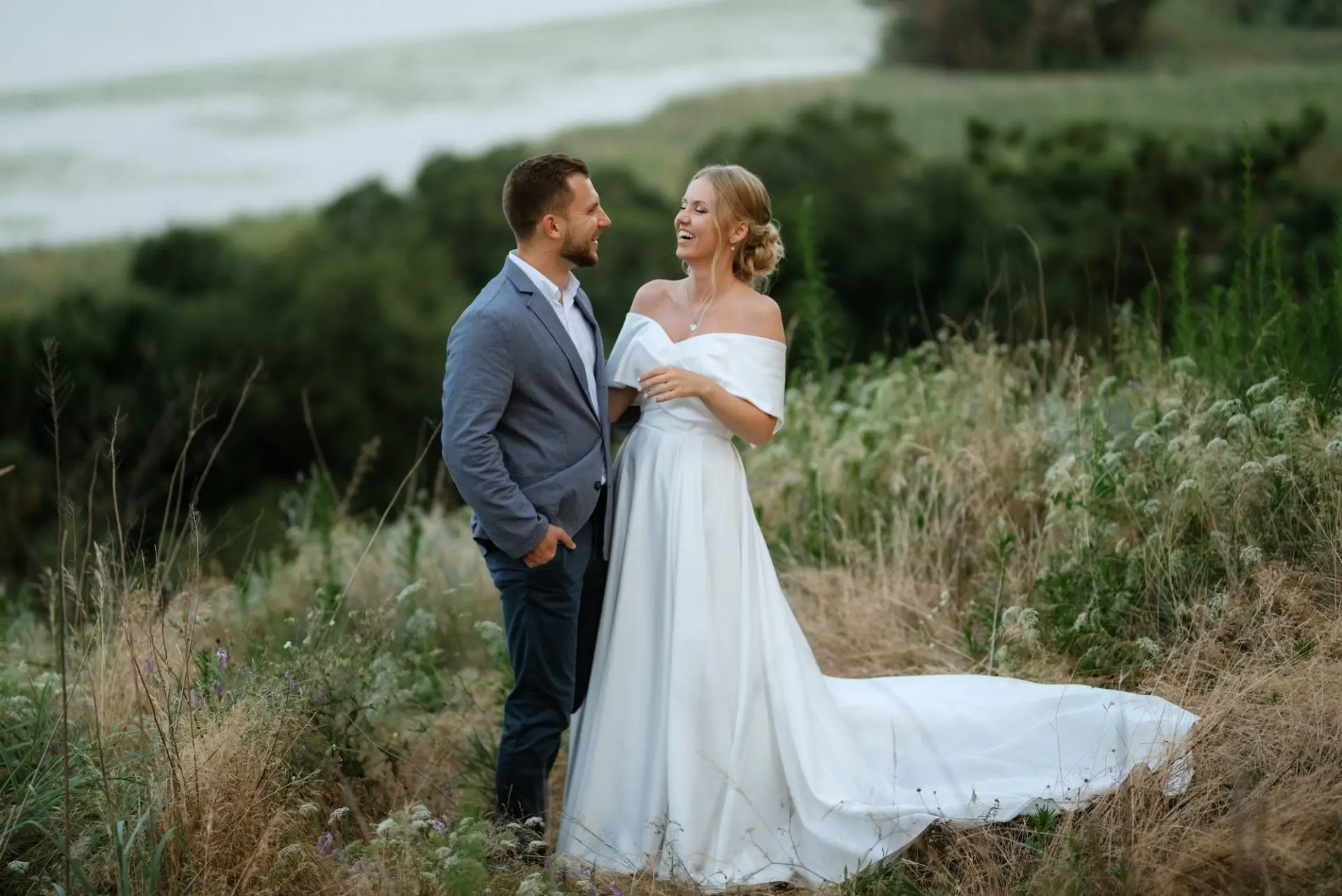 Bride And Groom On In The Woods Smile